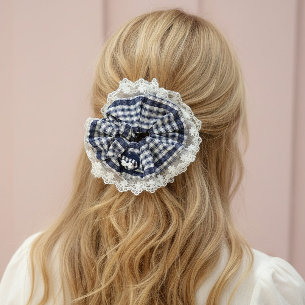 Plaid Scrunchie With Cream Lace Trim
