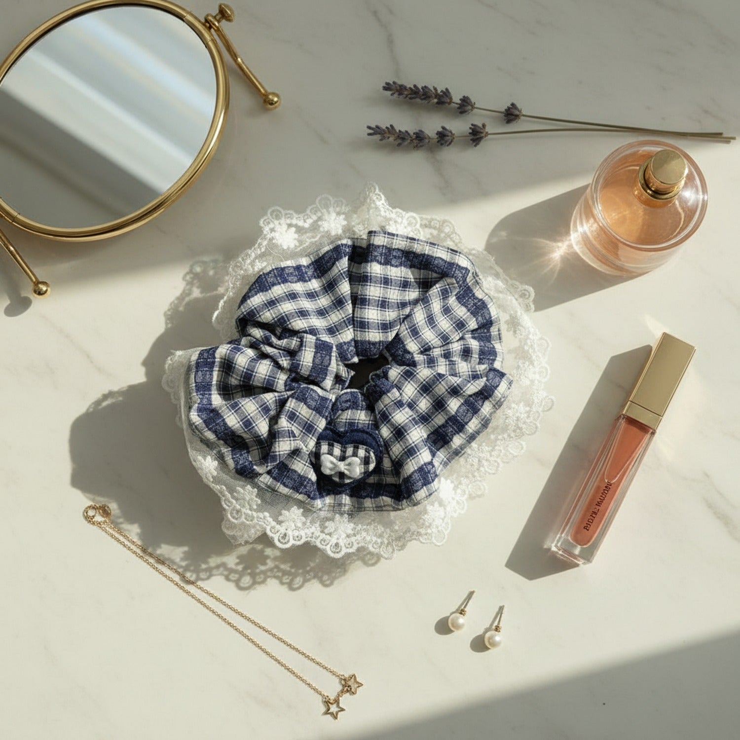 Plaid Scrunchie With Cream Lace Trim