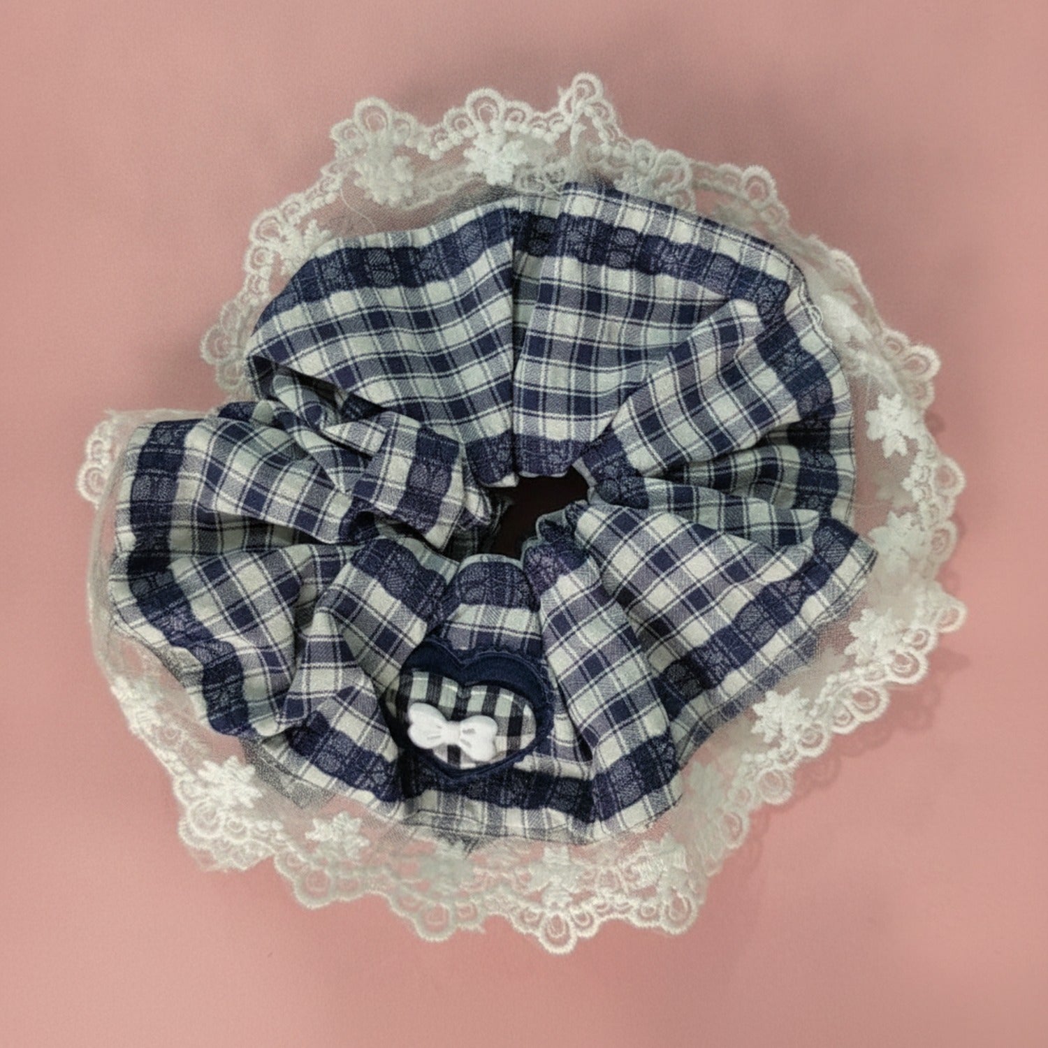 Plaid Scrunchie With Cream Lace Trim