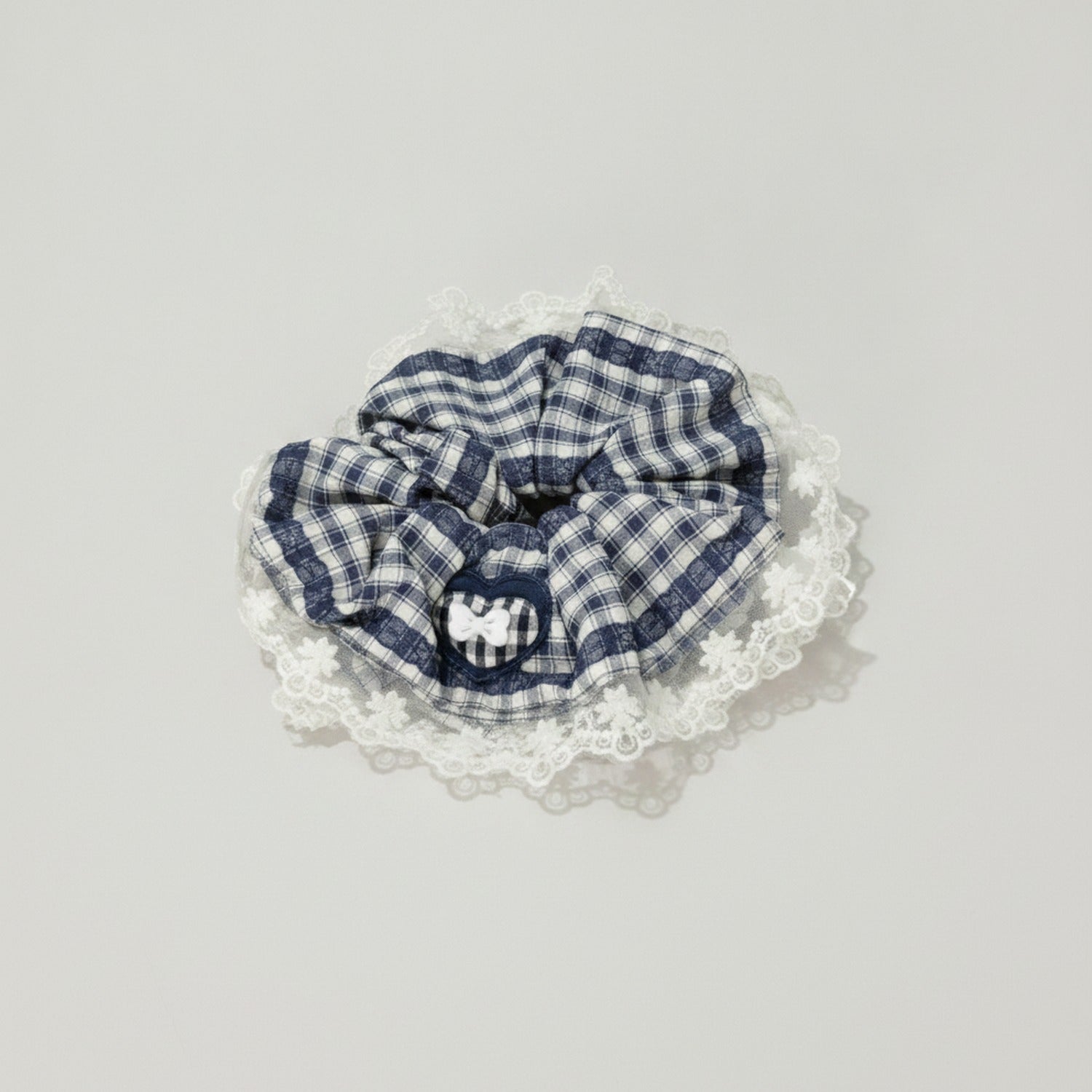 Plaid Scrunchie With Cream Lace Trim
