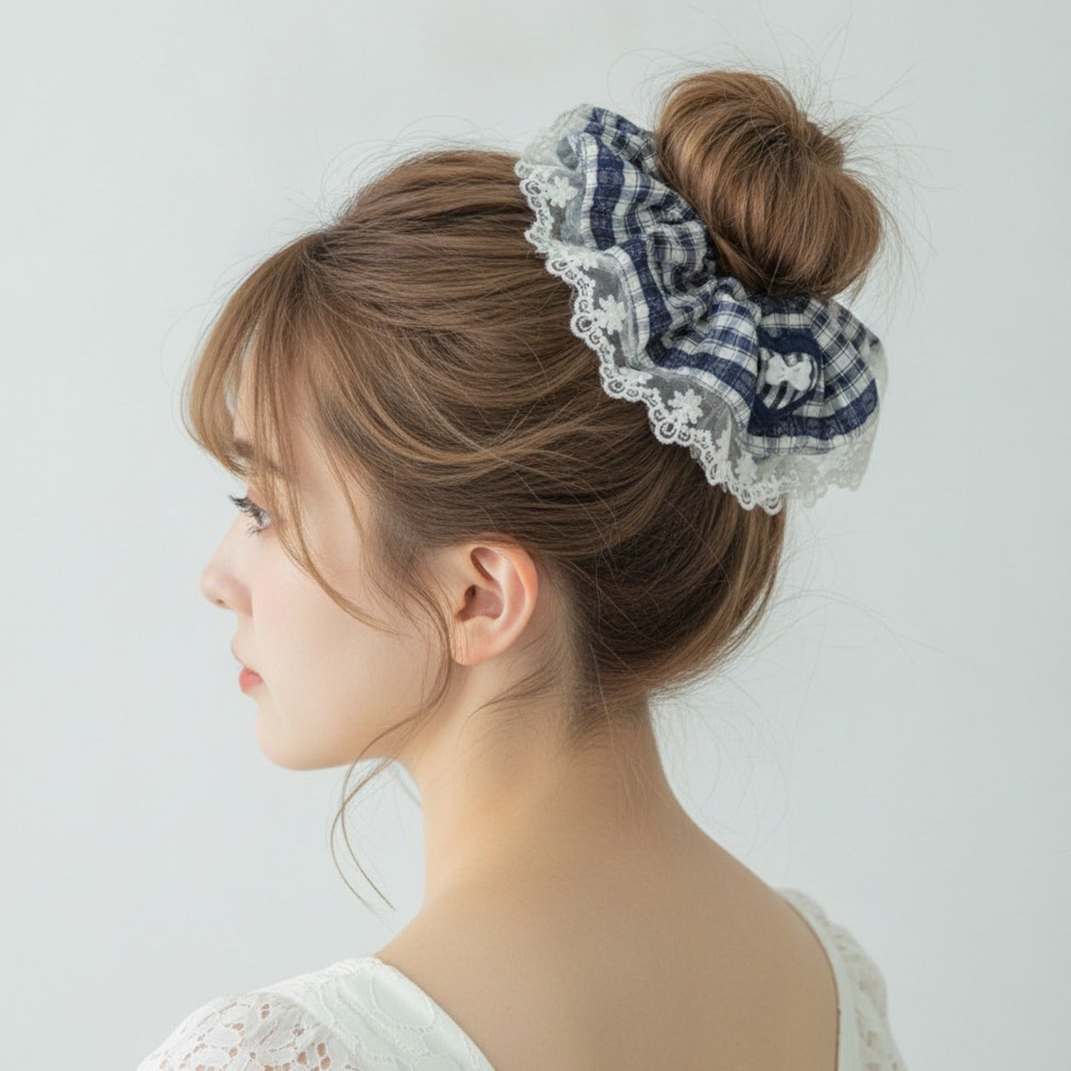 Plaid Scrunchie With Cream Lace Trim