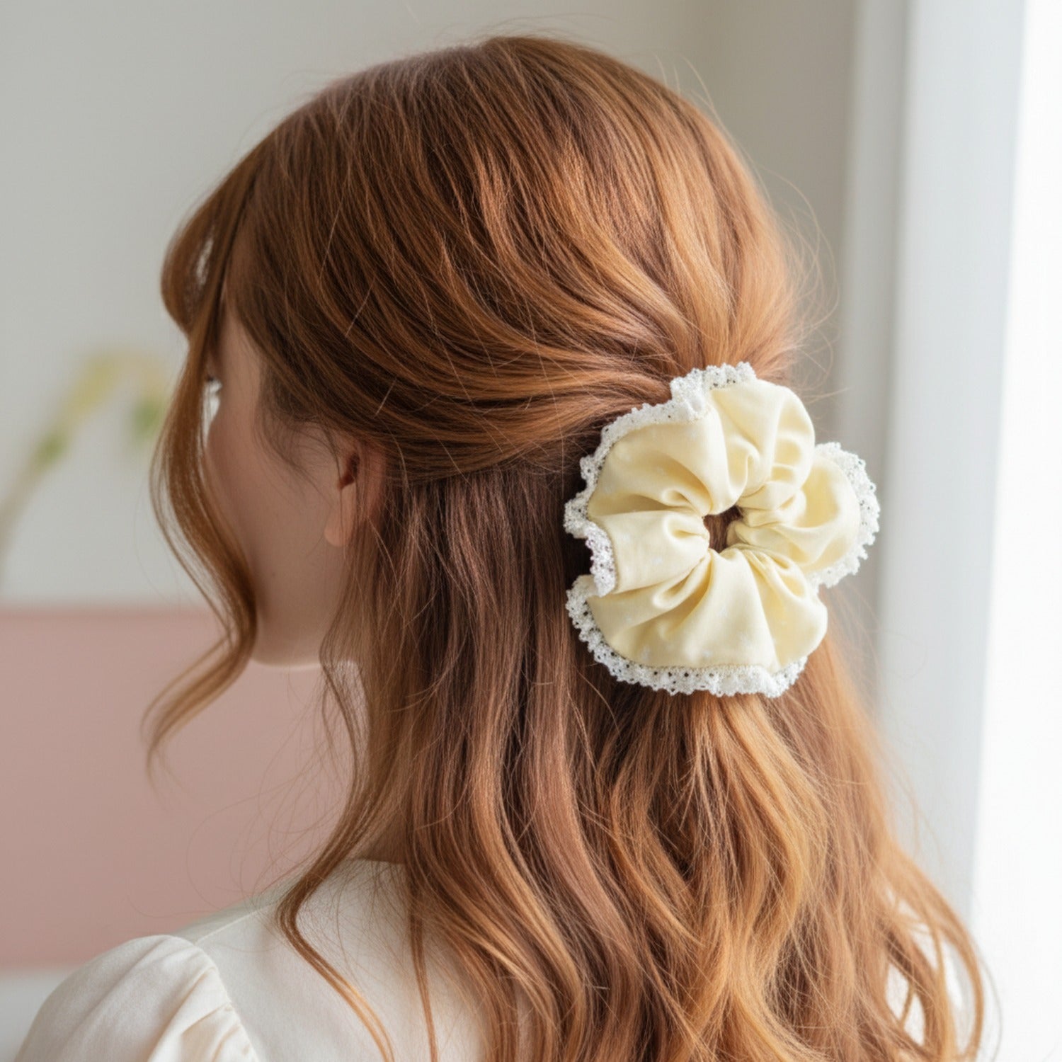 Cream Lace Scrunchie With Pearl Beaded Edge