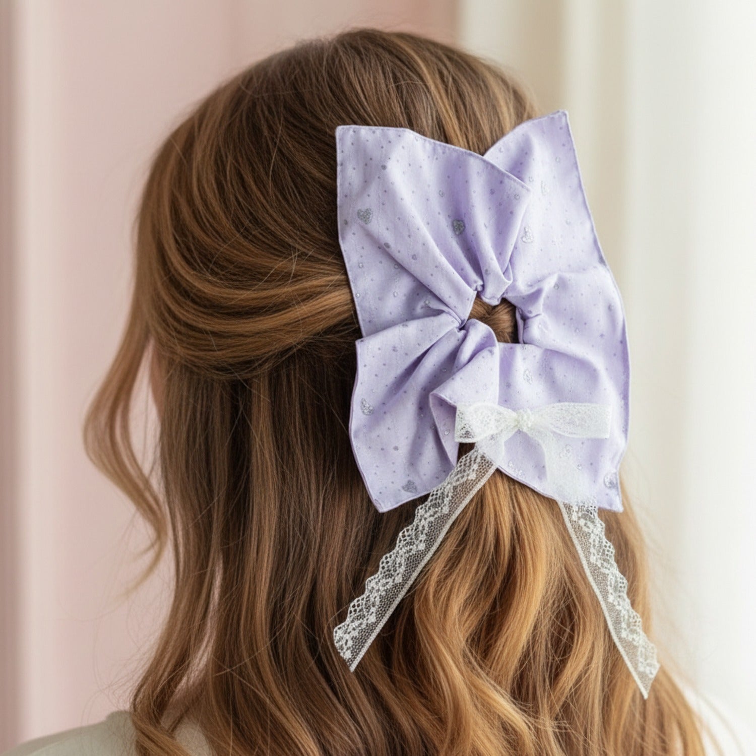 Lavender Glitter Bow Hair Clip With Lace Trim