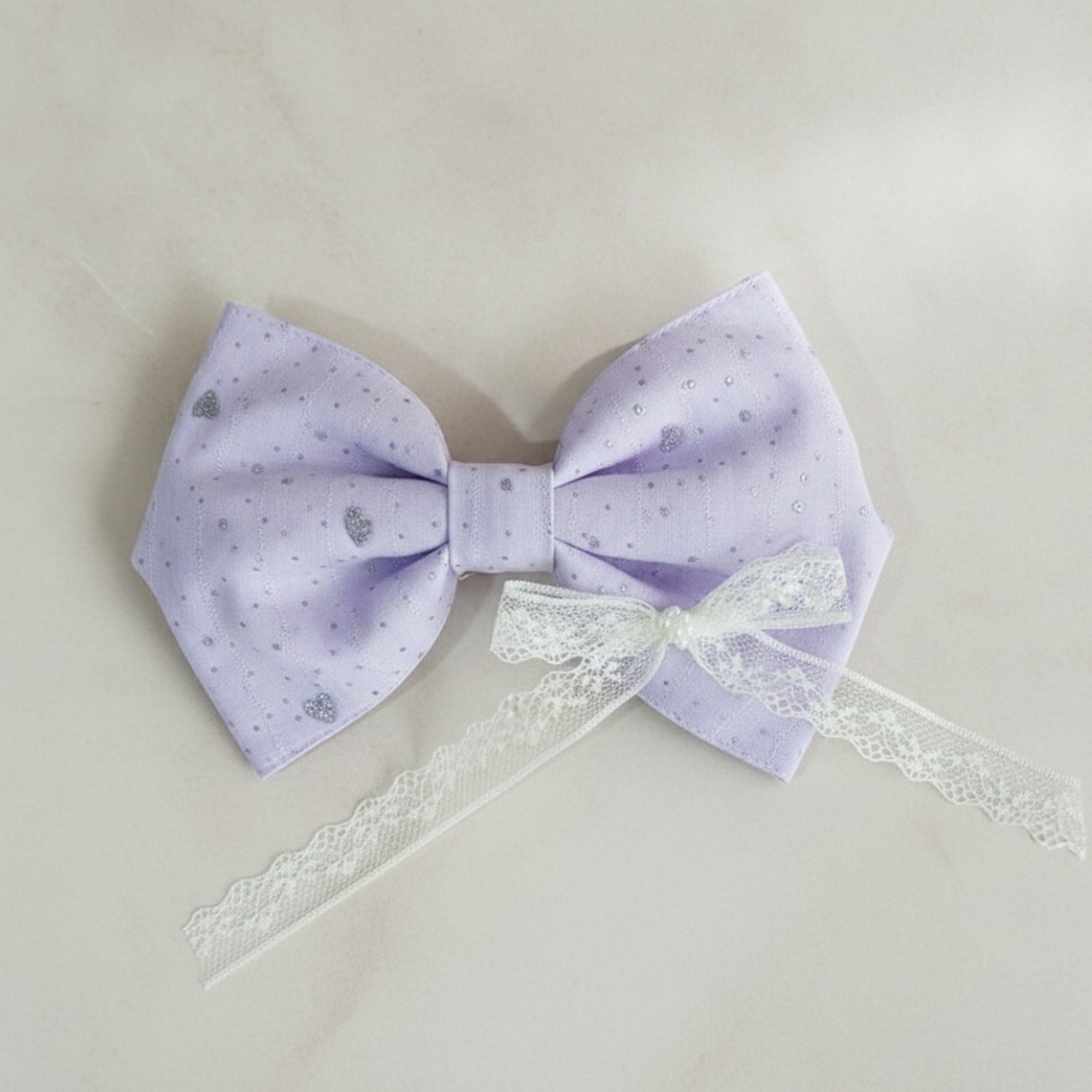 Lavender Glitter Bow Hair Clip With Lace Trim