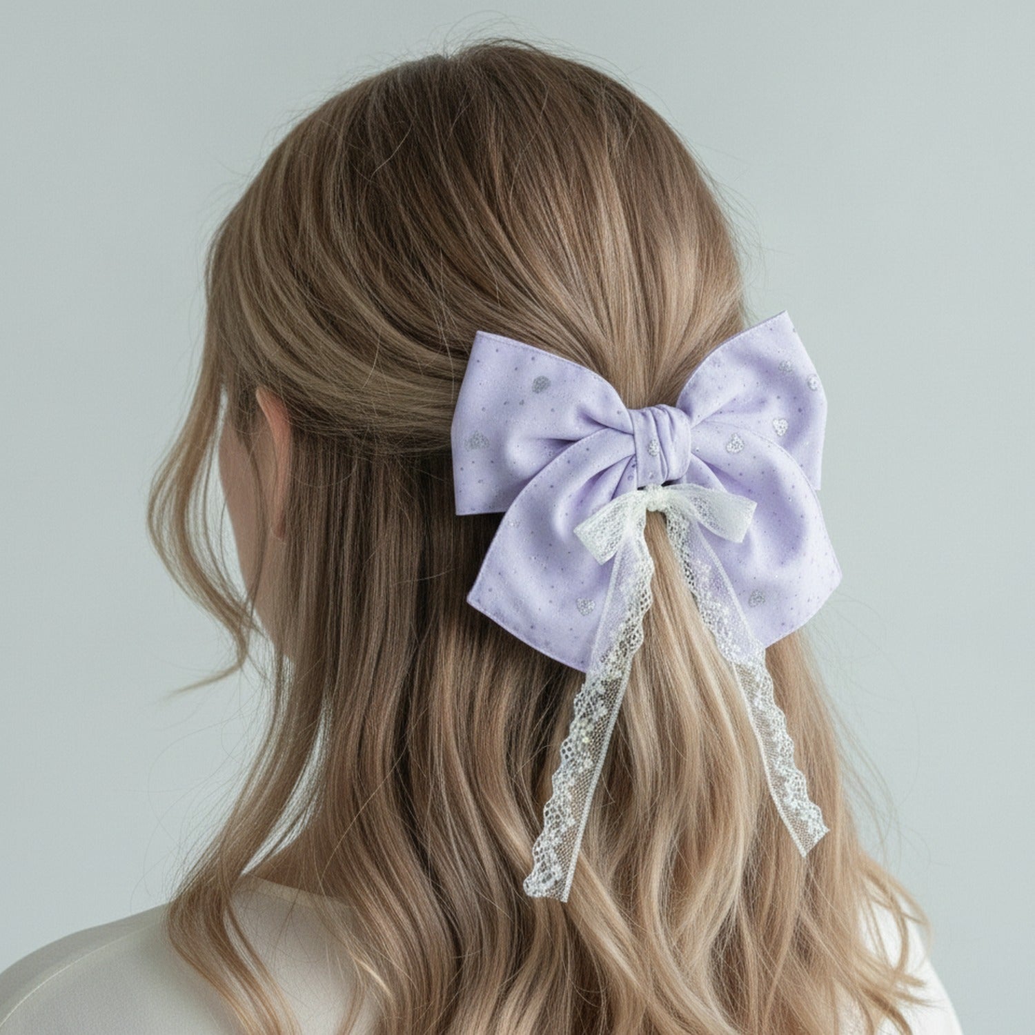 Lavender Glitter Bow Hair Clip With Lace Trim
