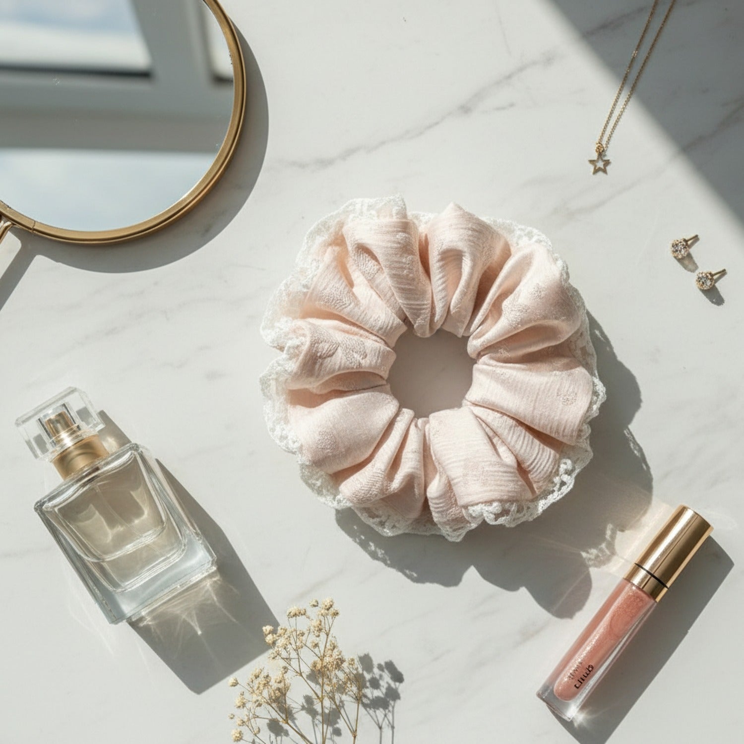 Lace Silk Scrunchie With Pearl Details