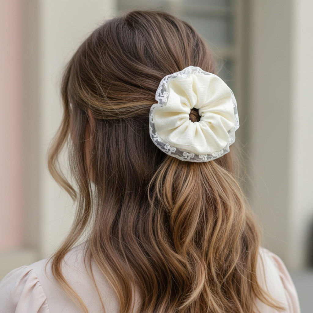 Cream Lace Scrunchie With Pearl Detail