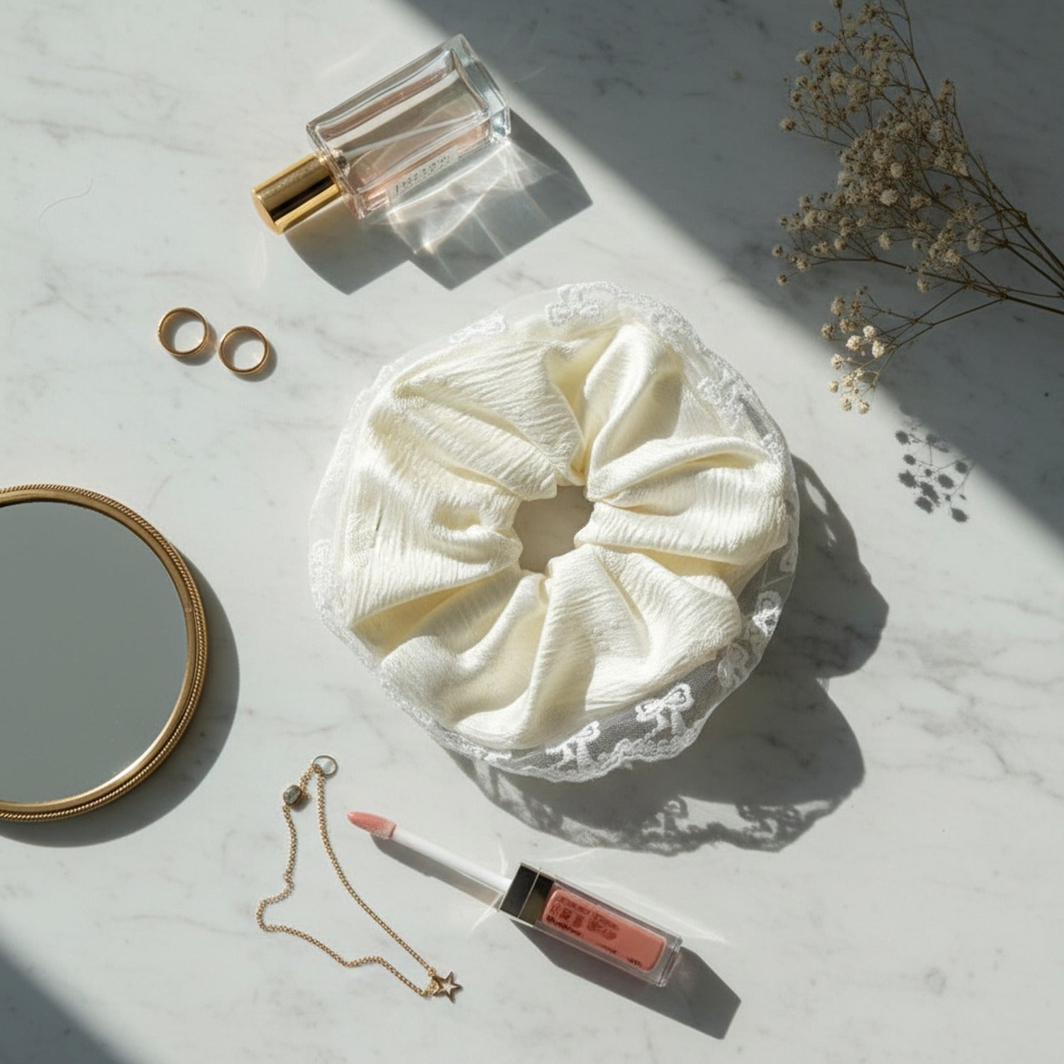Cream Lace Scrunchie With Pearl Detail
