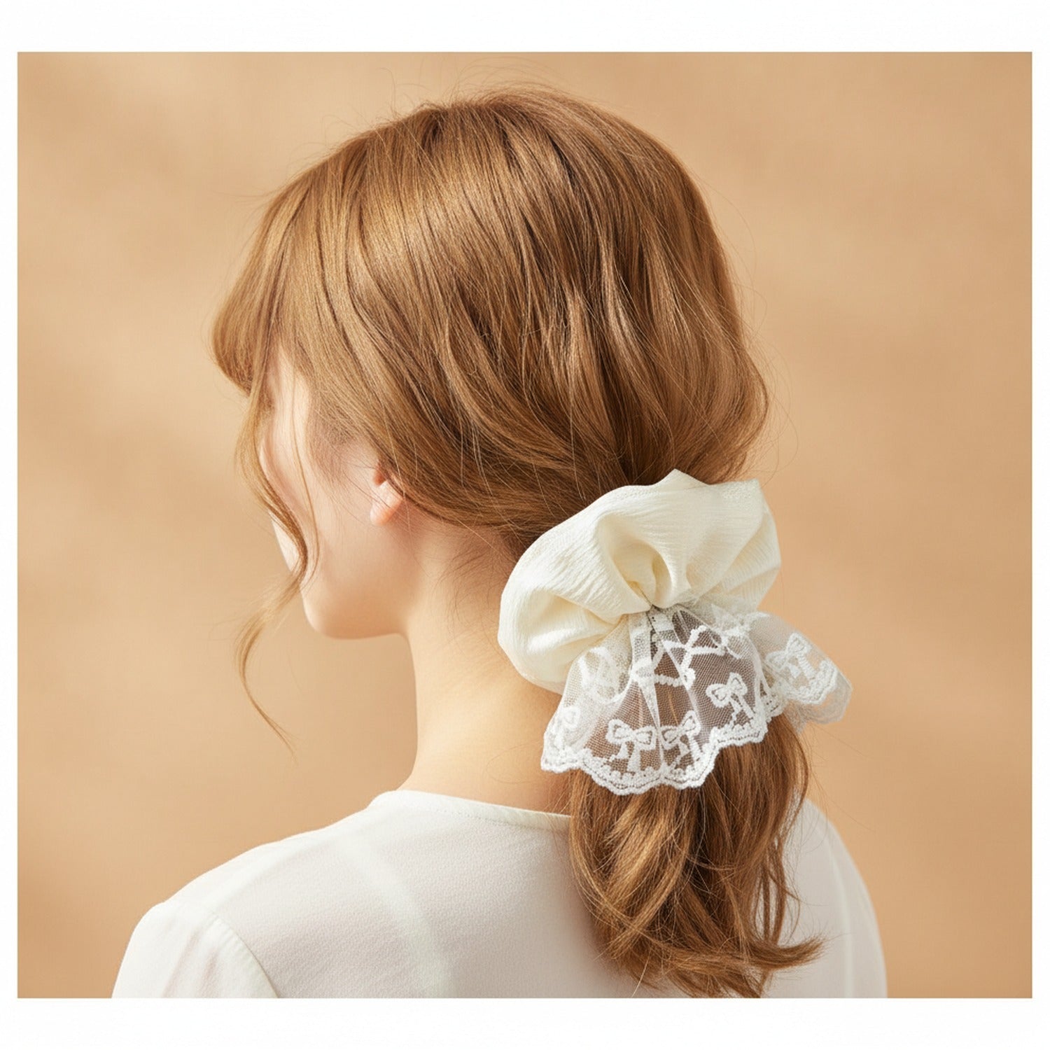 Cream Lace Scrunchie With Pearl Detail