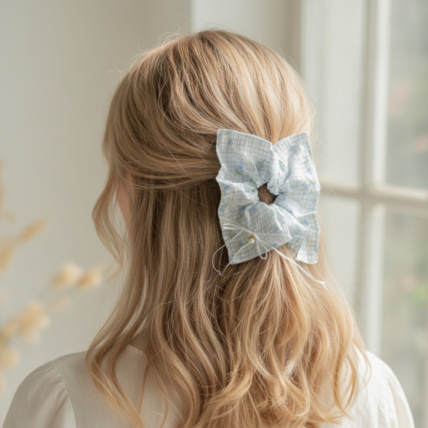 Gingham Pearl Charm Hair Bow Scrunchie