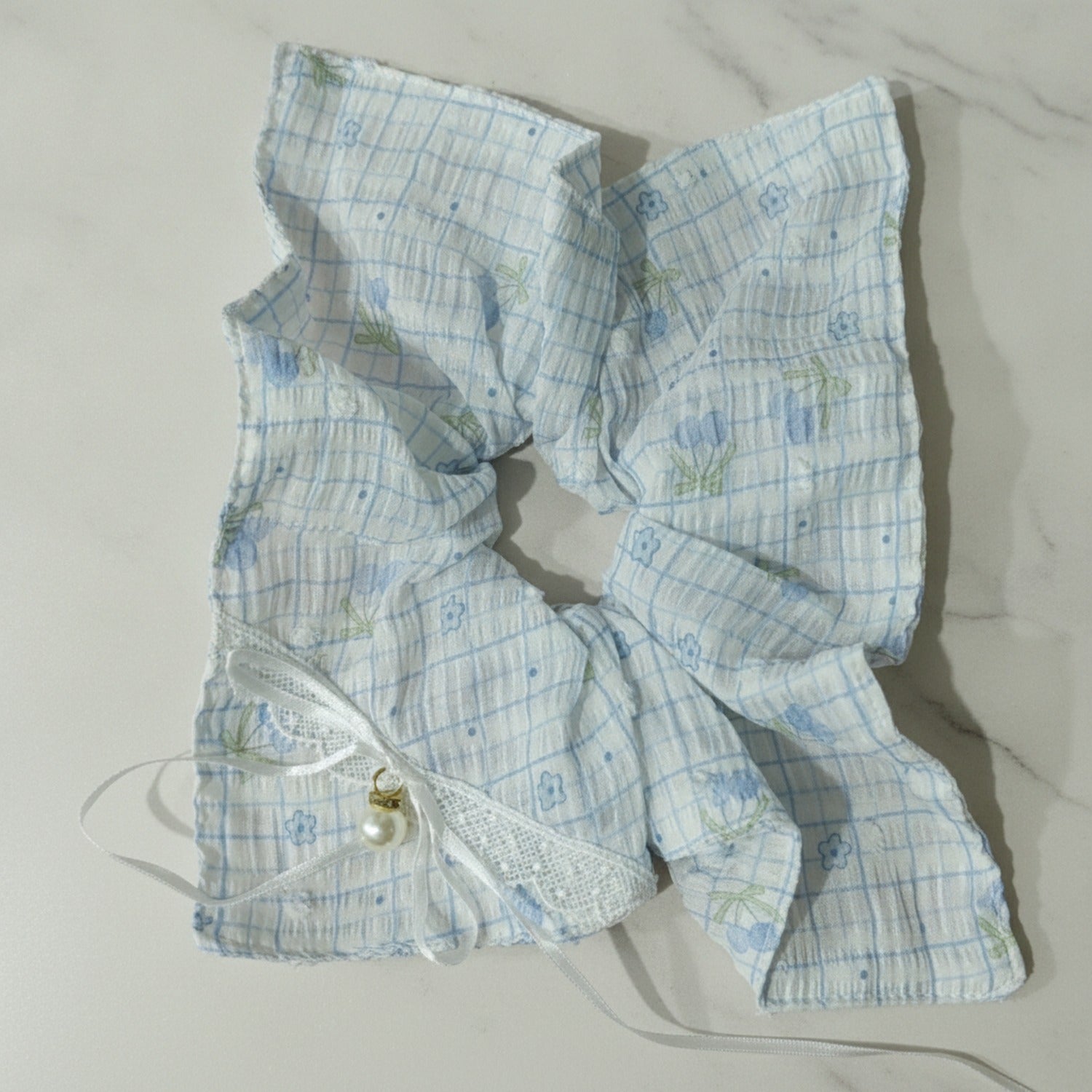 Gingham Pearl Charm Hair Bow Scrunchie