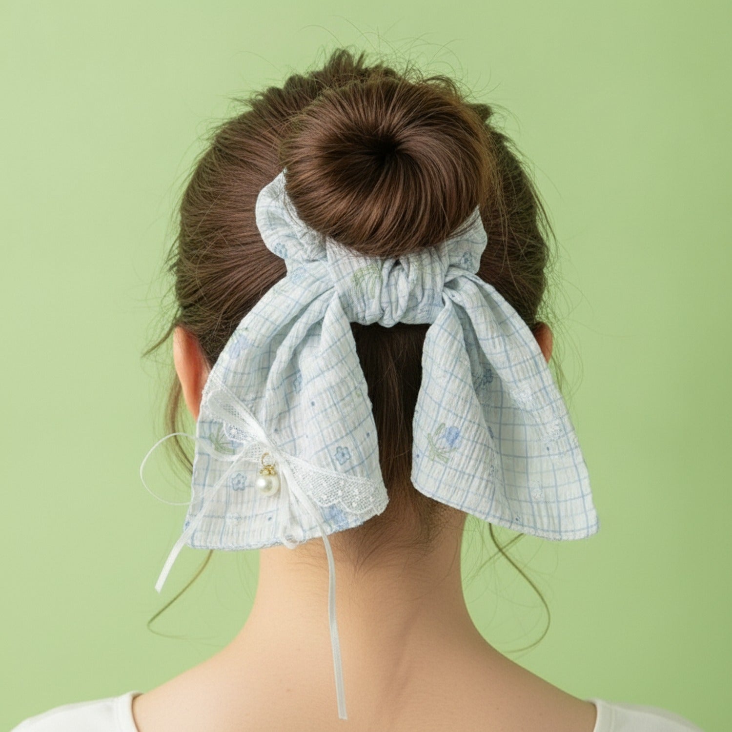 Gingham Pearl Charm Hair Bow Scrunchie