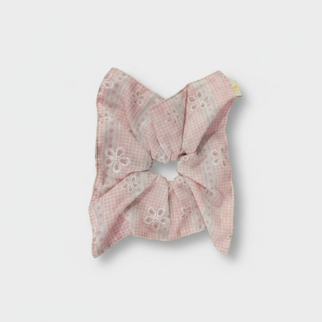 Pink Gingham Floral Embroidered Bow Scrunchie