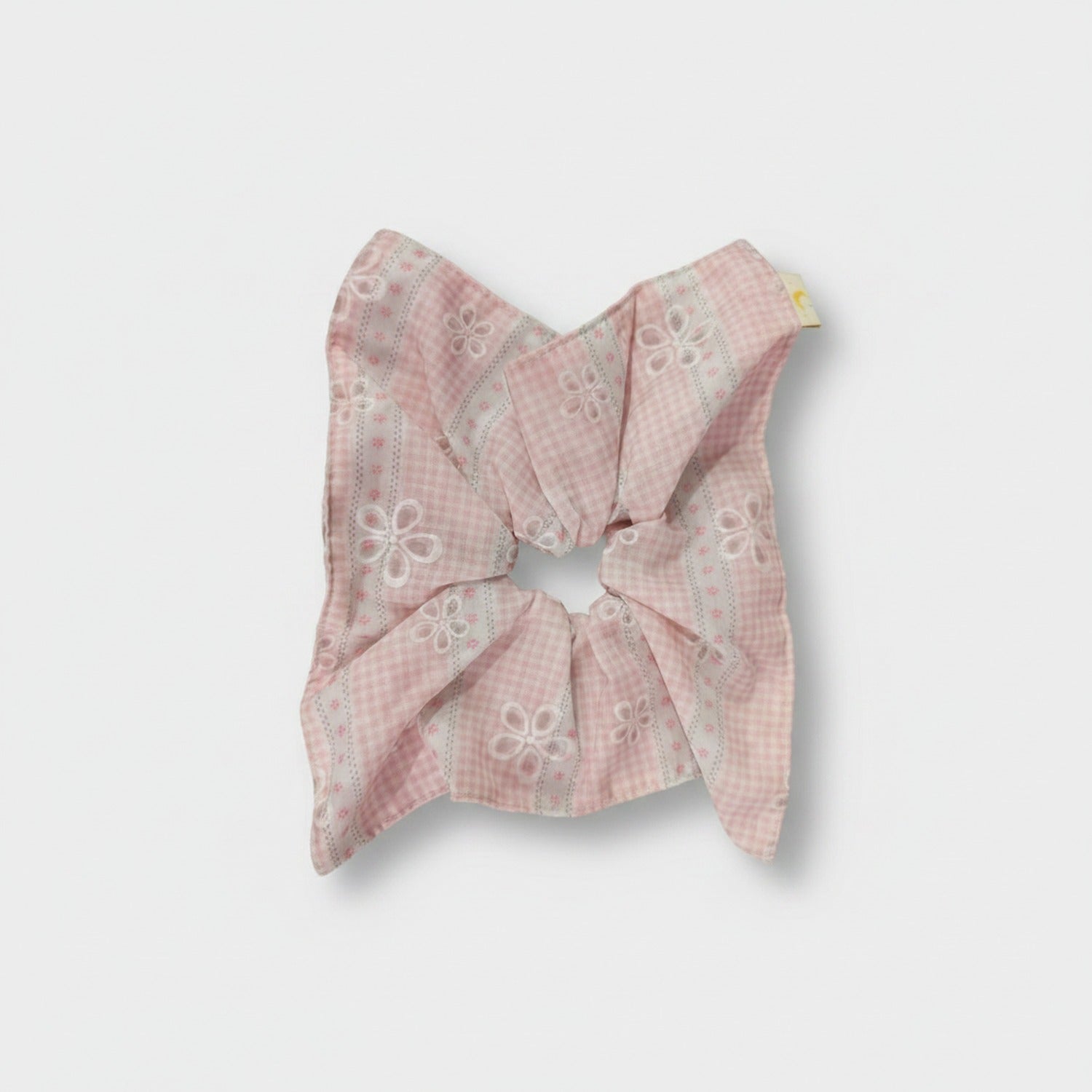 Pink Gingham Floral Embroidered Bow Scrunchie