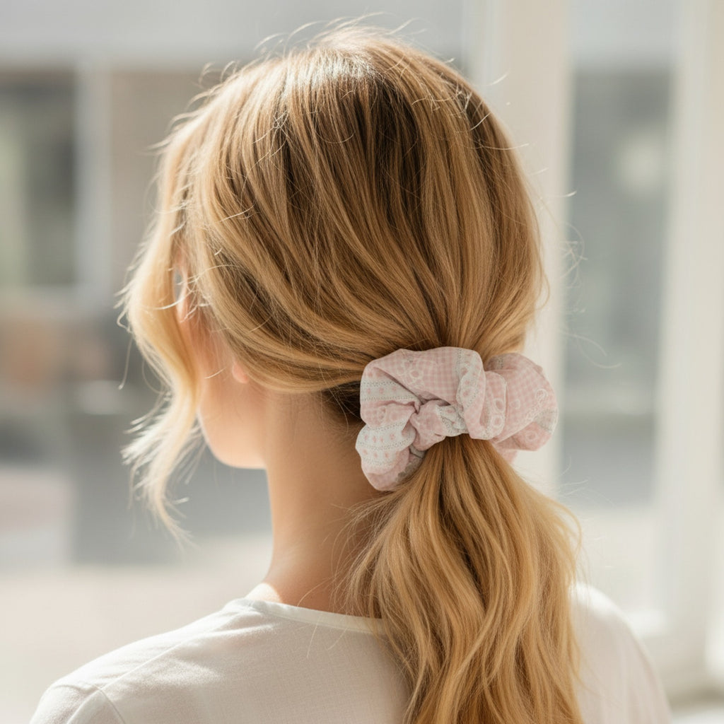 Pink Gingham Floral Embroidered Bow Scrunchie