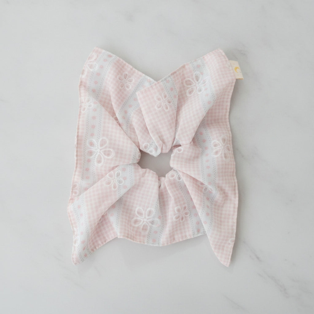 Pink Gingham Floral Embroidered Bow Scrunchie – hair accessories (view 2)