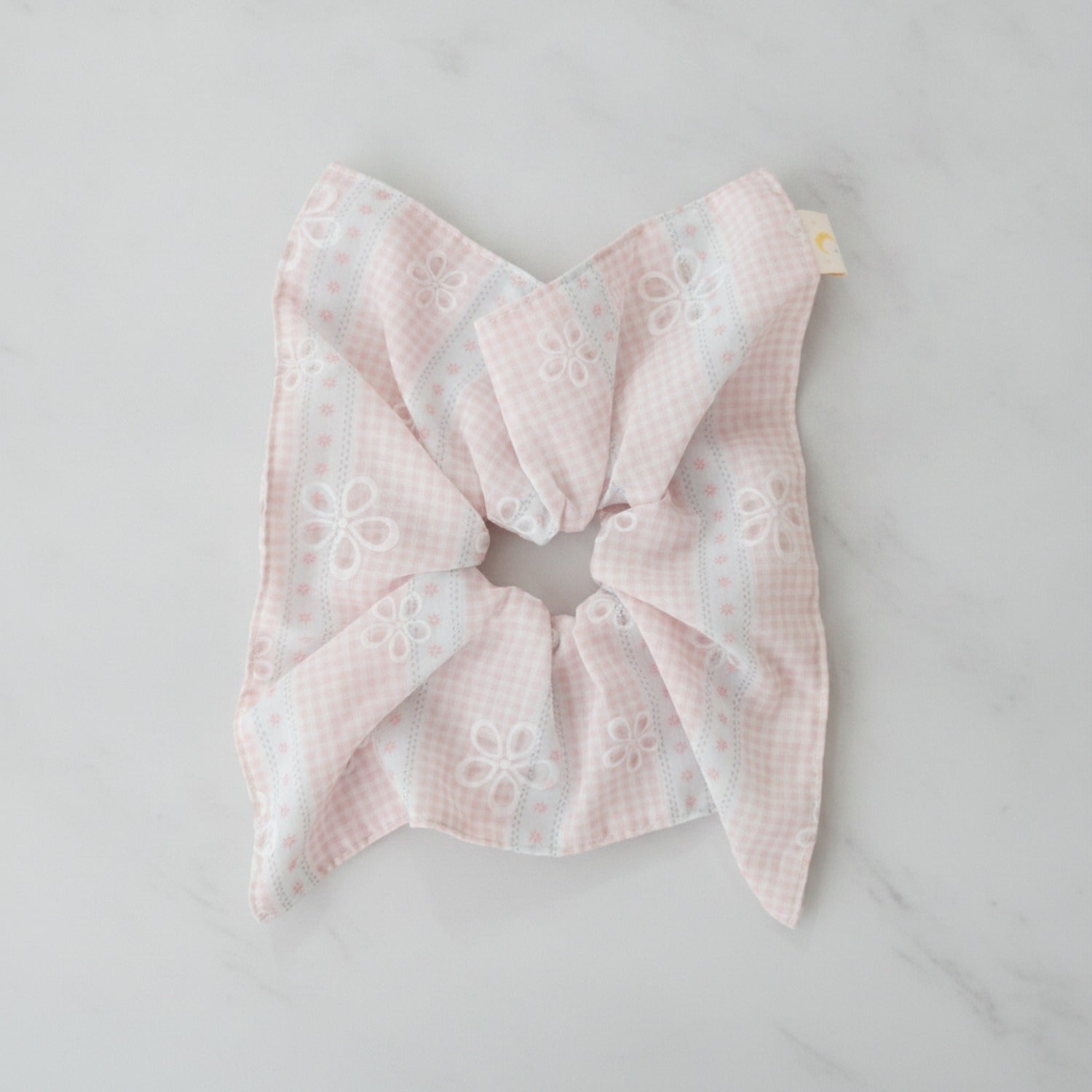 Pink Gingham Floral Embroidered Bow Scrunchie
