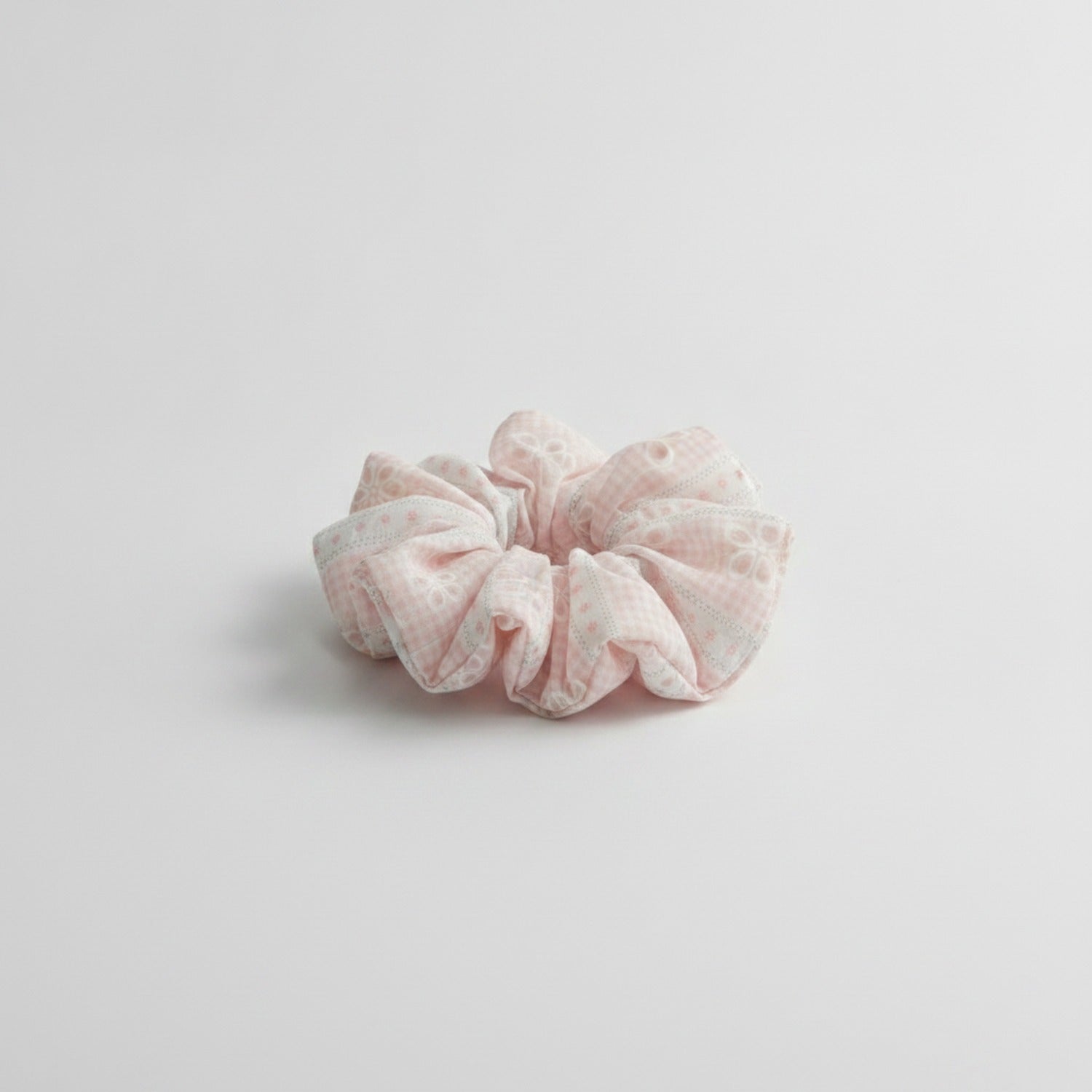 Pink Gingham Floral Embroidered Bow Scrunchie