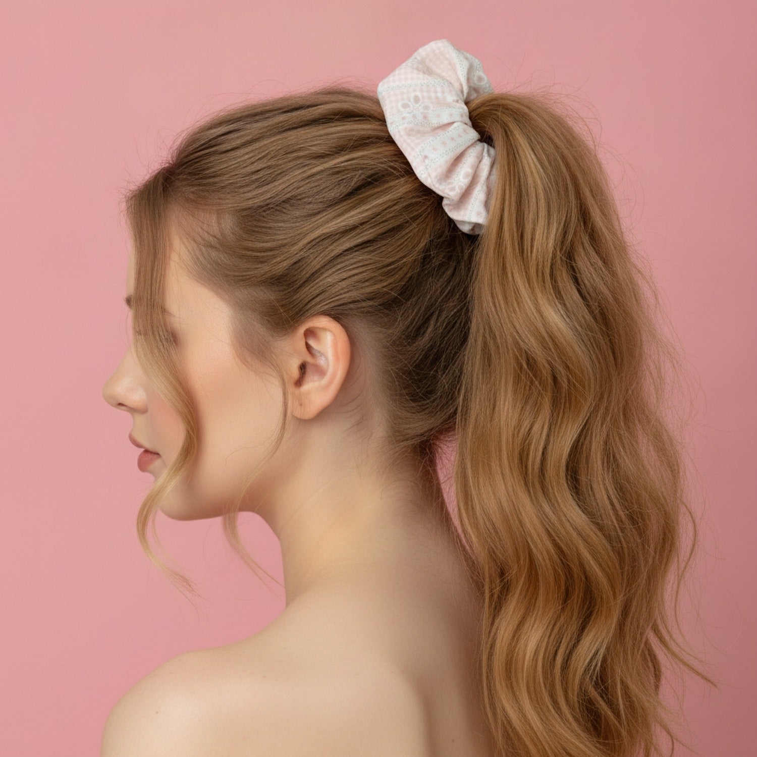 Pink Gingham Floral Embroidered Bow Scrunchie