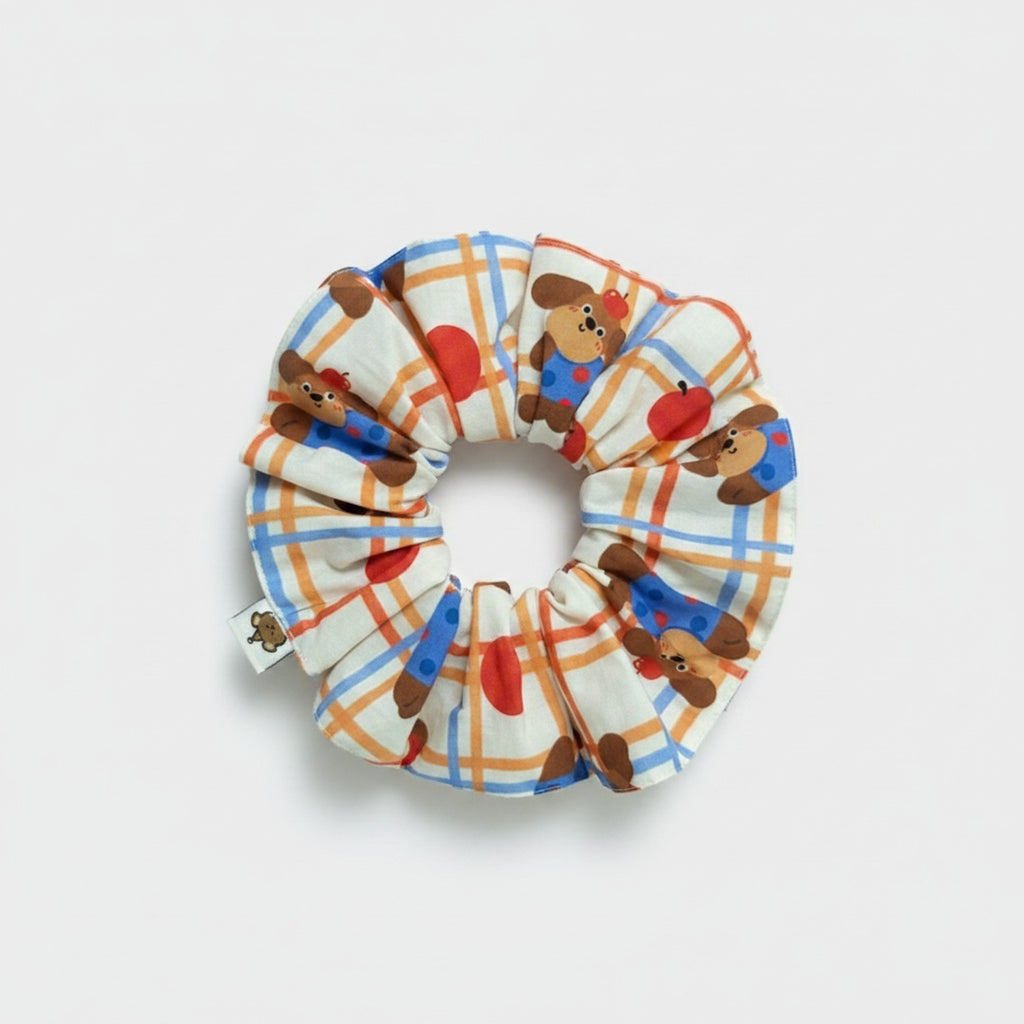 Teddy Bear Plaid Heart Scrunchie Set