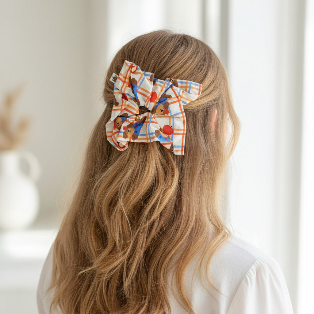 Teddy Bear Plaid Heart Scrunchie Set