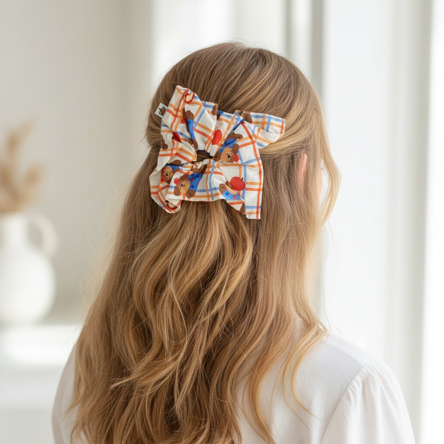 Teddy Bear Plaid Heart Scrunchie Set