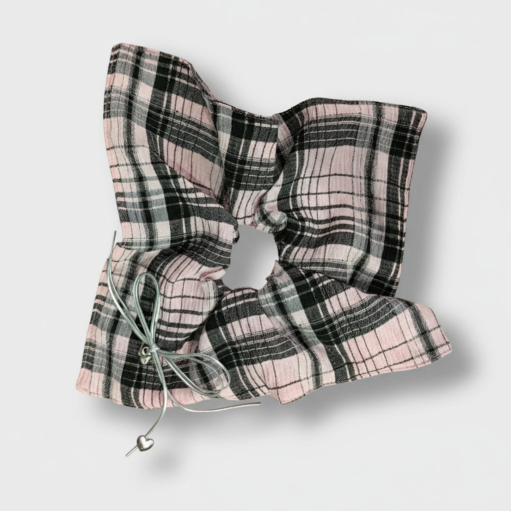 Plaid Hair Scrunchie With Heart Charm