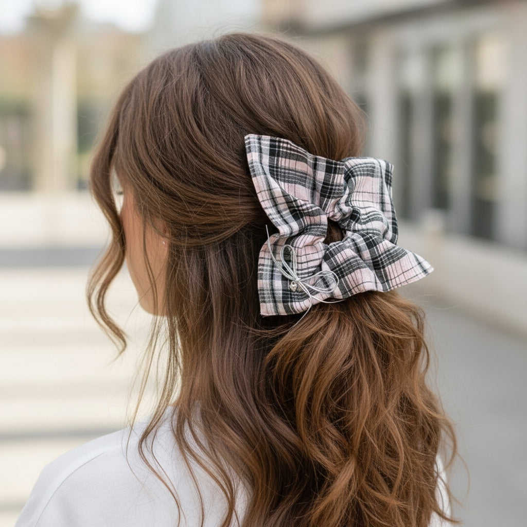 Plaid Hair Scrunchie With Heart Charm