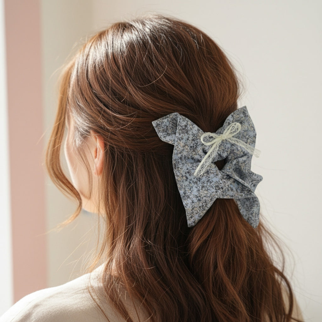 Butterfly Hair Bow Scrunchie Blue Floral