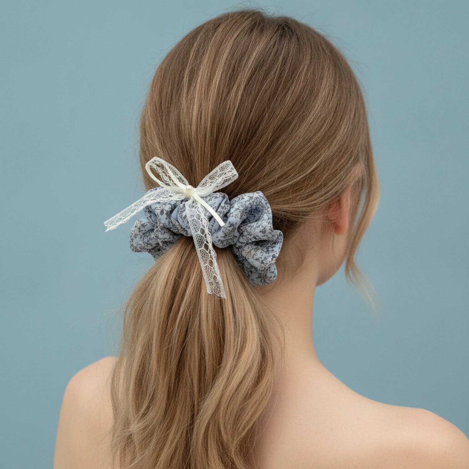 Butterfly Hair Bow Scrunchie Blue Floral