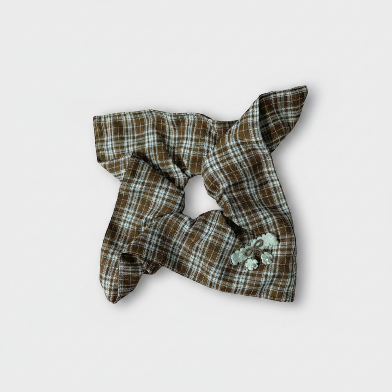 Plaid Bow Hair Tie With Floral Charm