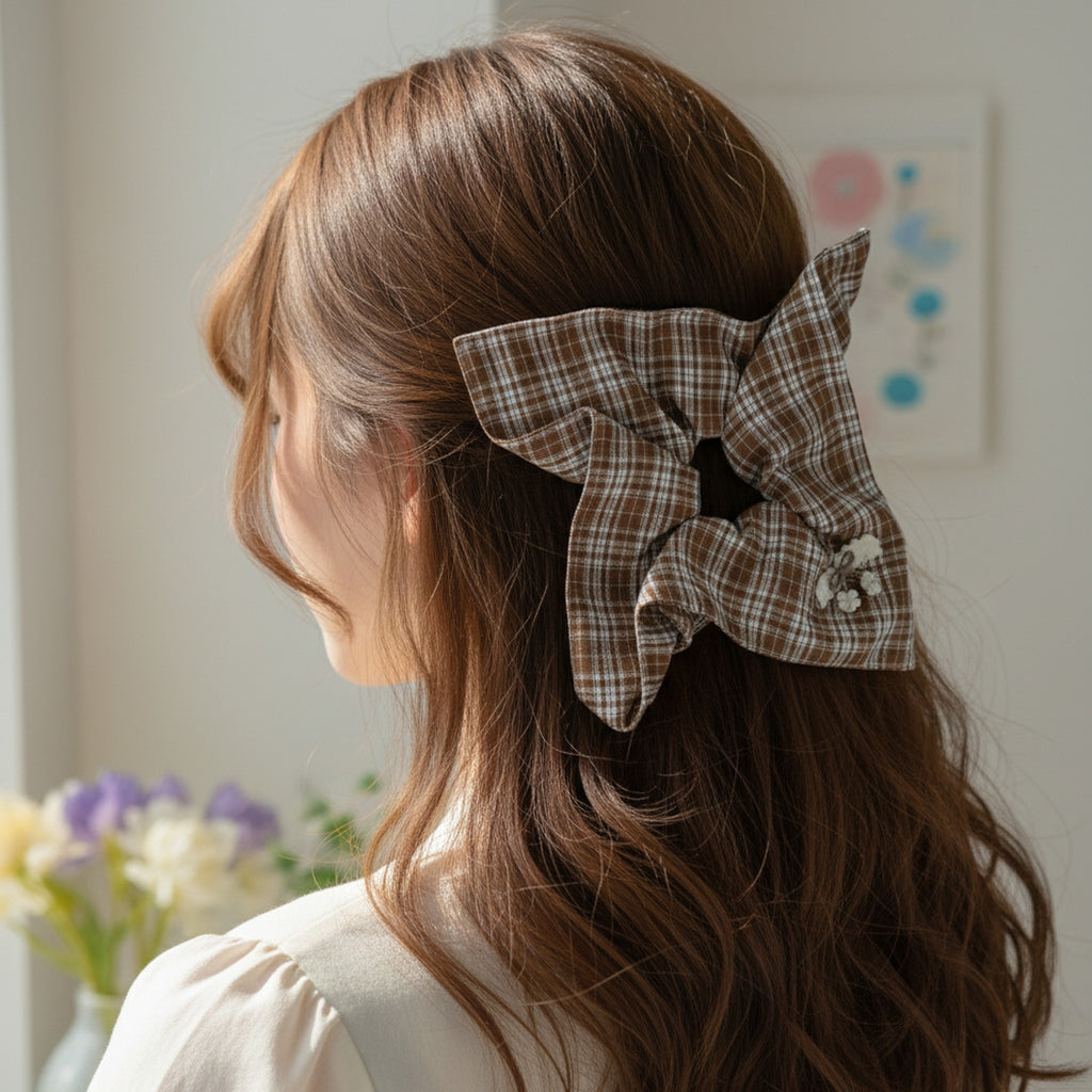 Plaid Bow Hair Tie With Floral Charm