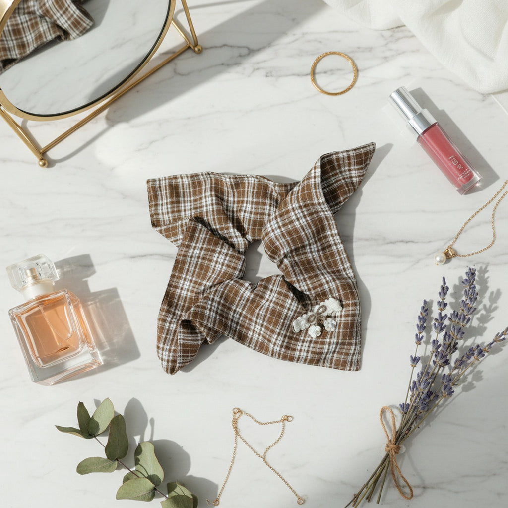Plaid Bow Hair Tie With Floral Charm – hair accessories (view 2)