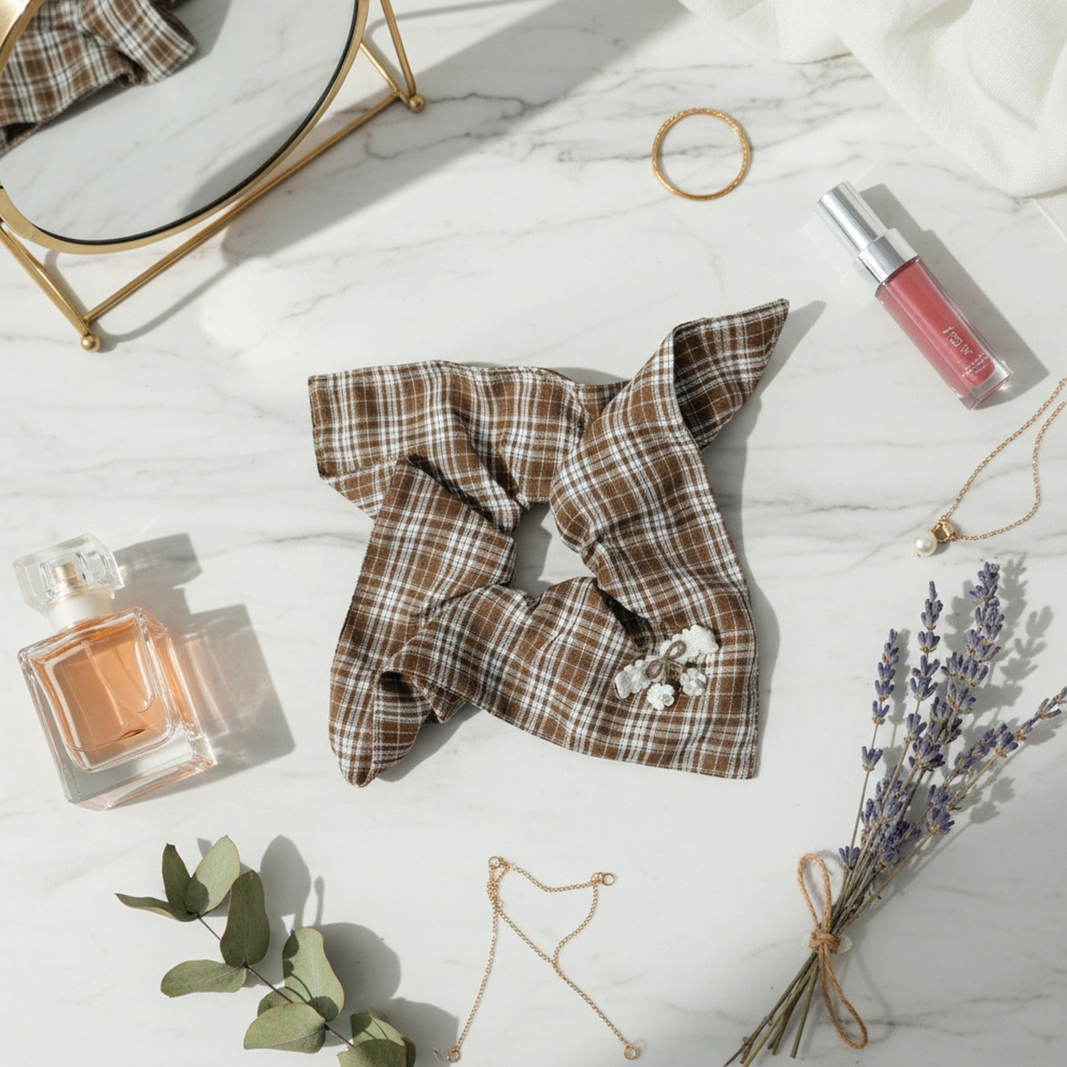 Plaid Bow Hair Tie With Floral Charm – hair accessories (view 2)