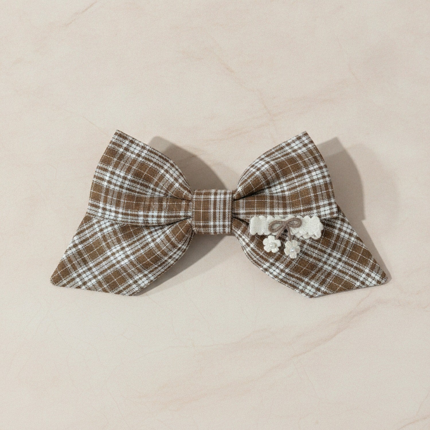 Plaid Bow Hair Tie With Floral Charm