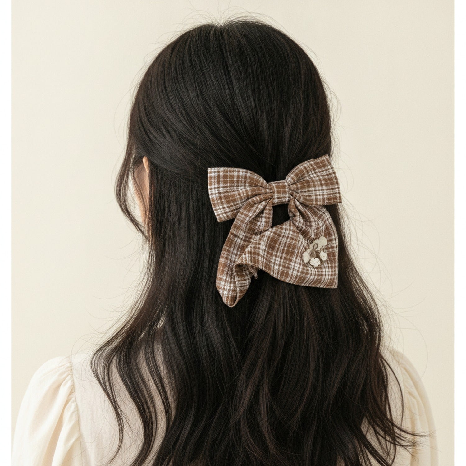 Plaid Bow Hair Tie With Floral Charm