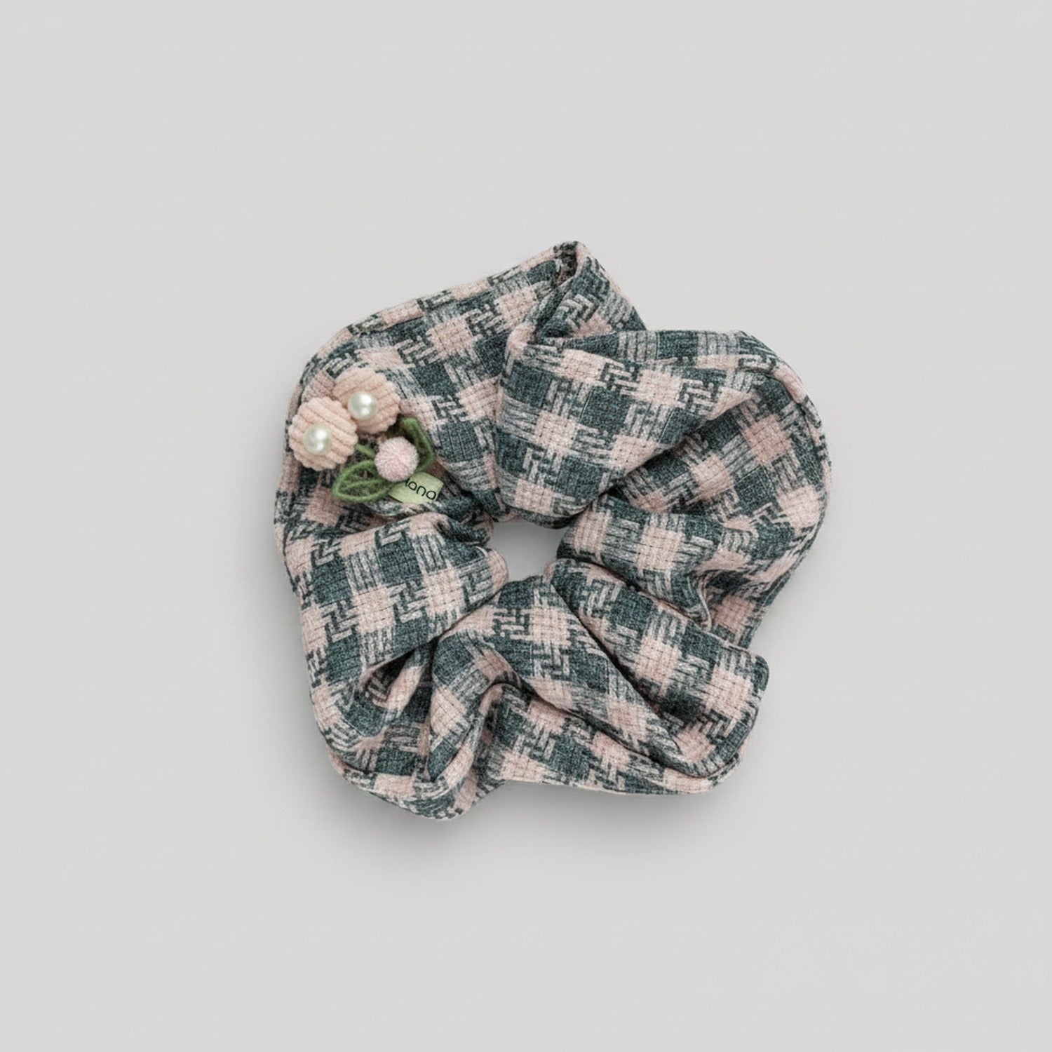 Checkered Scrunchie With Pearl Flower Charm