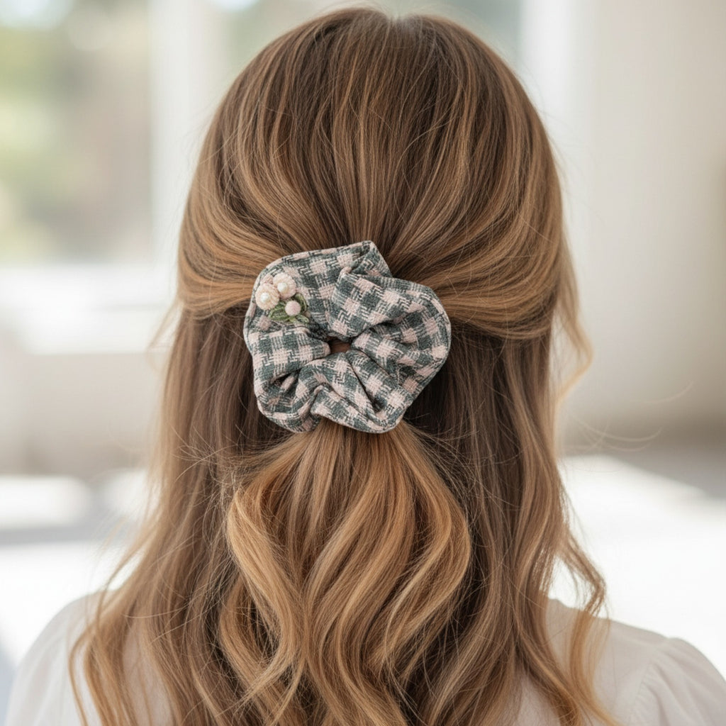 Checkered Scrunchie With Pearl Flower Charm