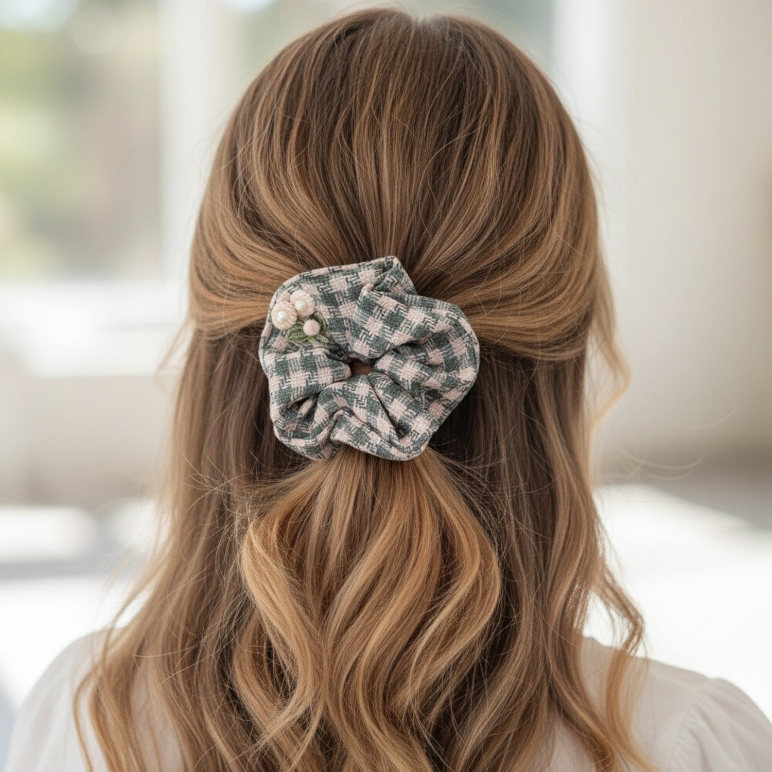 Checkered Scrunchie With Pearl Flower Charm