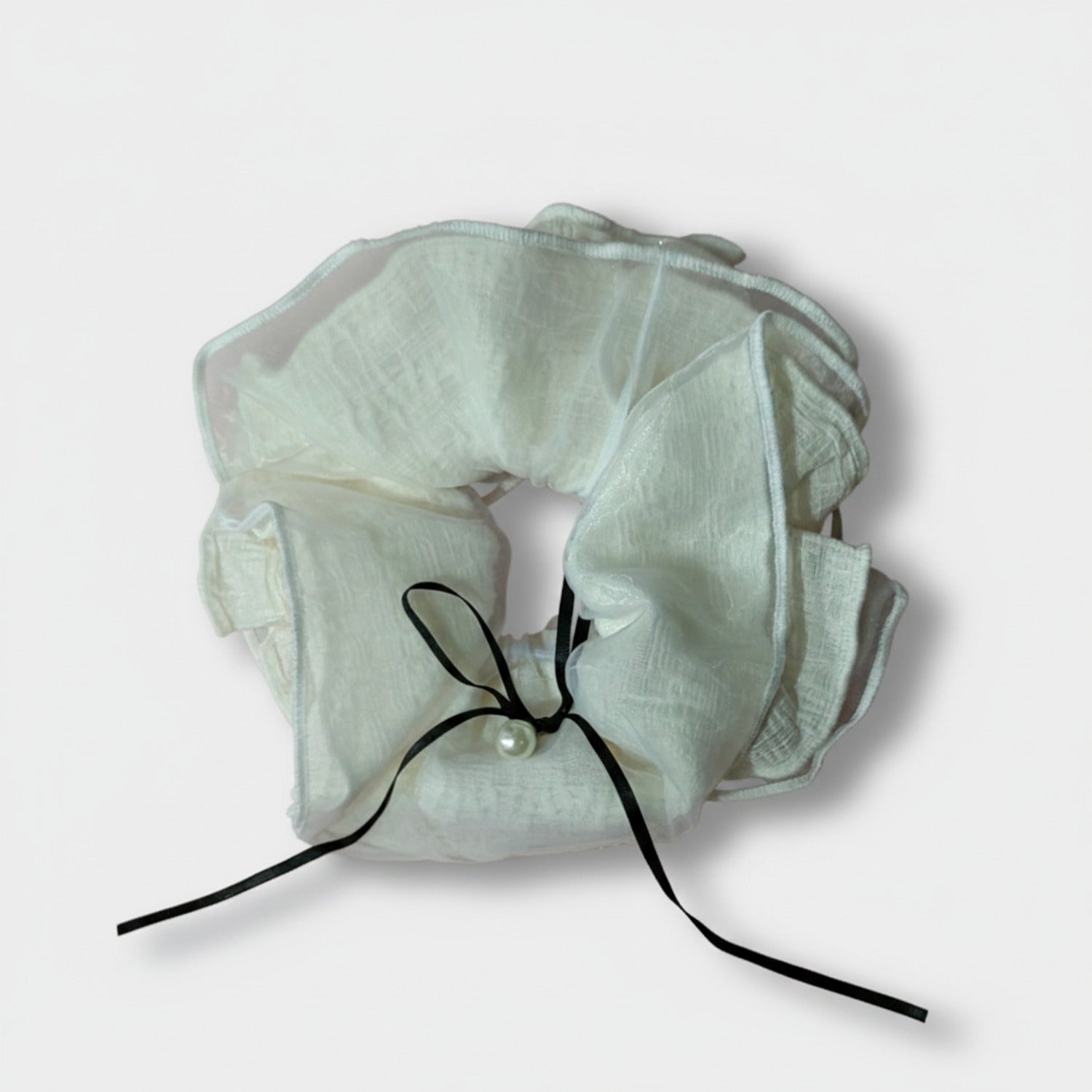 Cream Linen Scrunchie With Black Pearl Bow