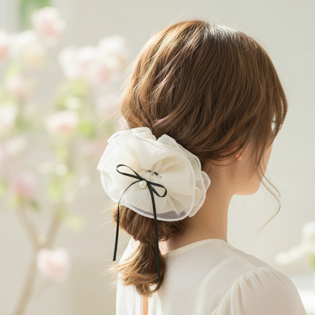 Cream Linen Scrunchie With Black Pearl Bow