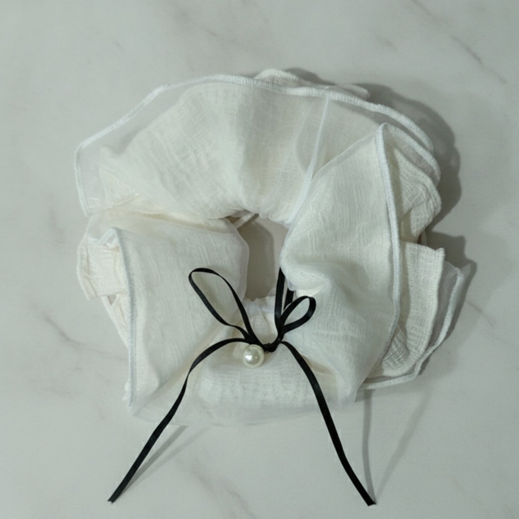Cream Linen Scrunchie With Black Pearl Bow – hair accessories (view 2)