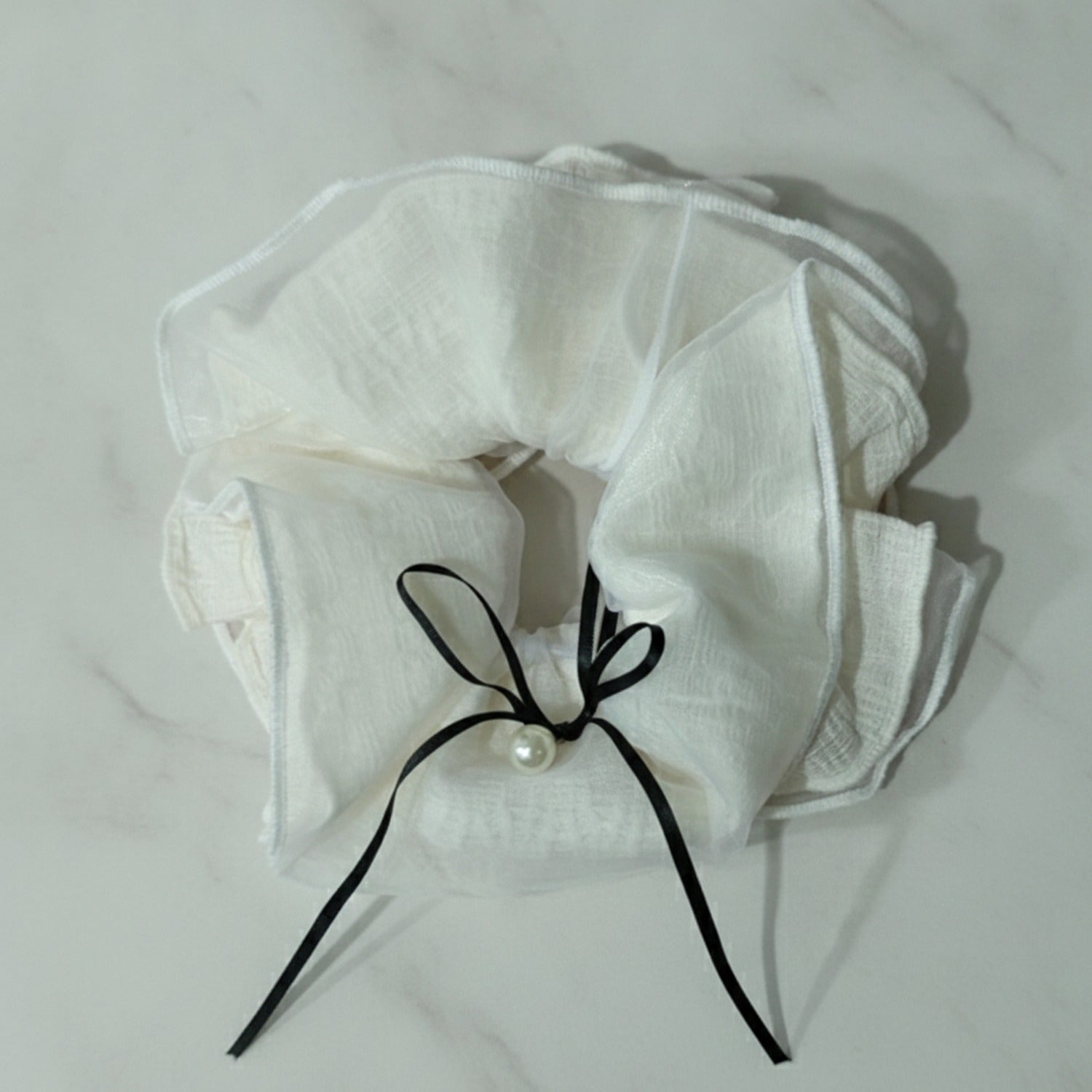 Cream Linen Scrunchie With Black Pearl Bow