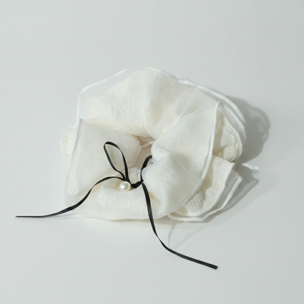 Cream Linen Scrunchie With Black Pearl Bow – hair accessories (view 1)