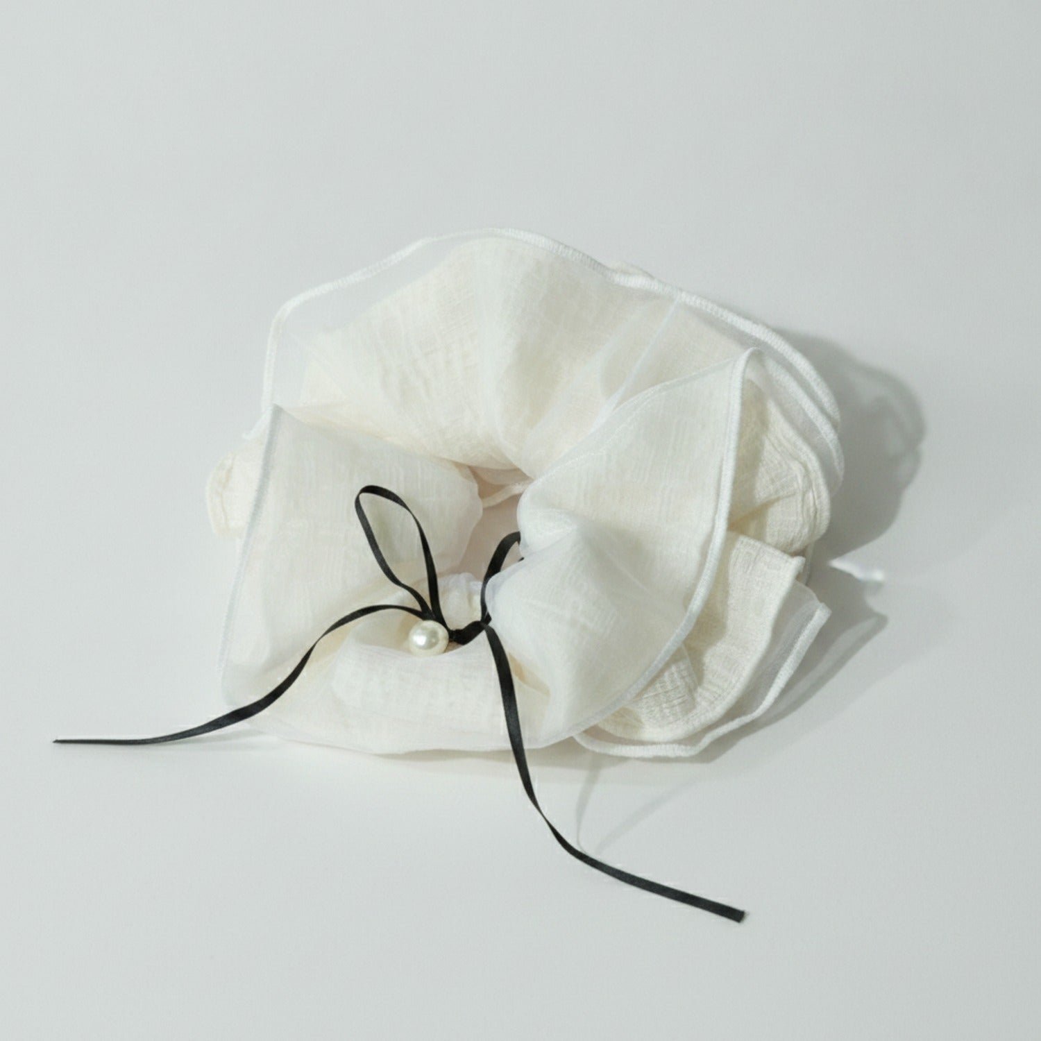 Cream Linen Scrunchie With Black Pearl Bow