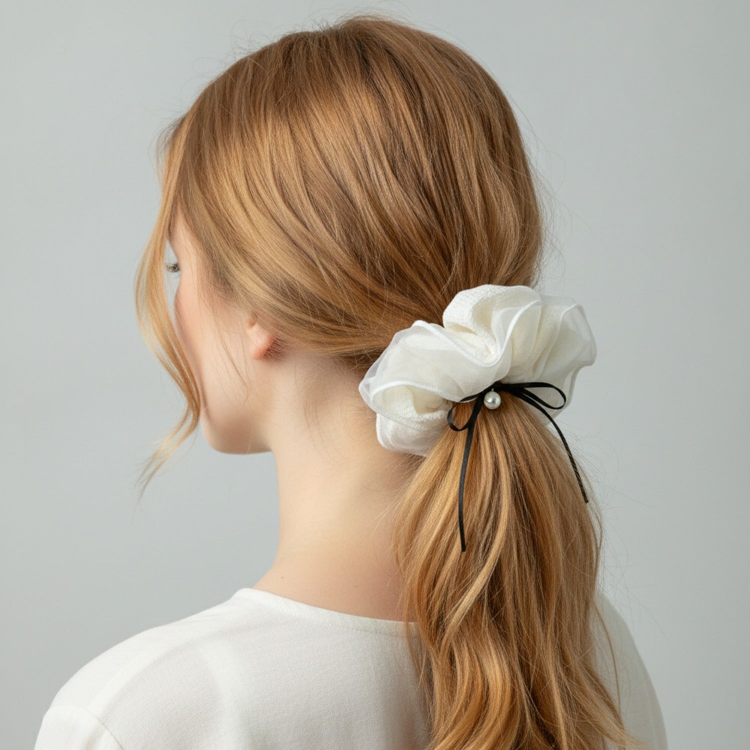 Cream Linen Scrunchie With Black Pearl Bow