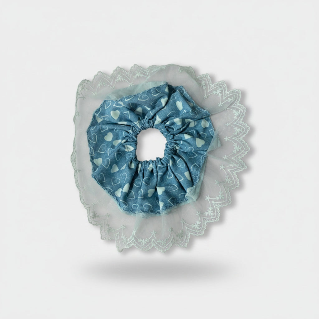 Heart Print Scrunchie With Lace Ruffle