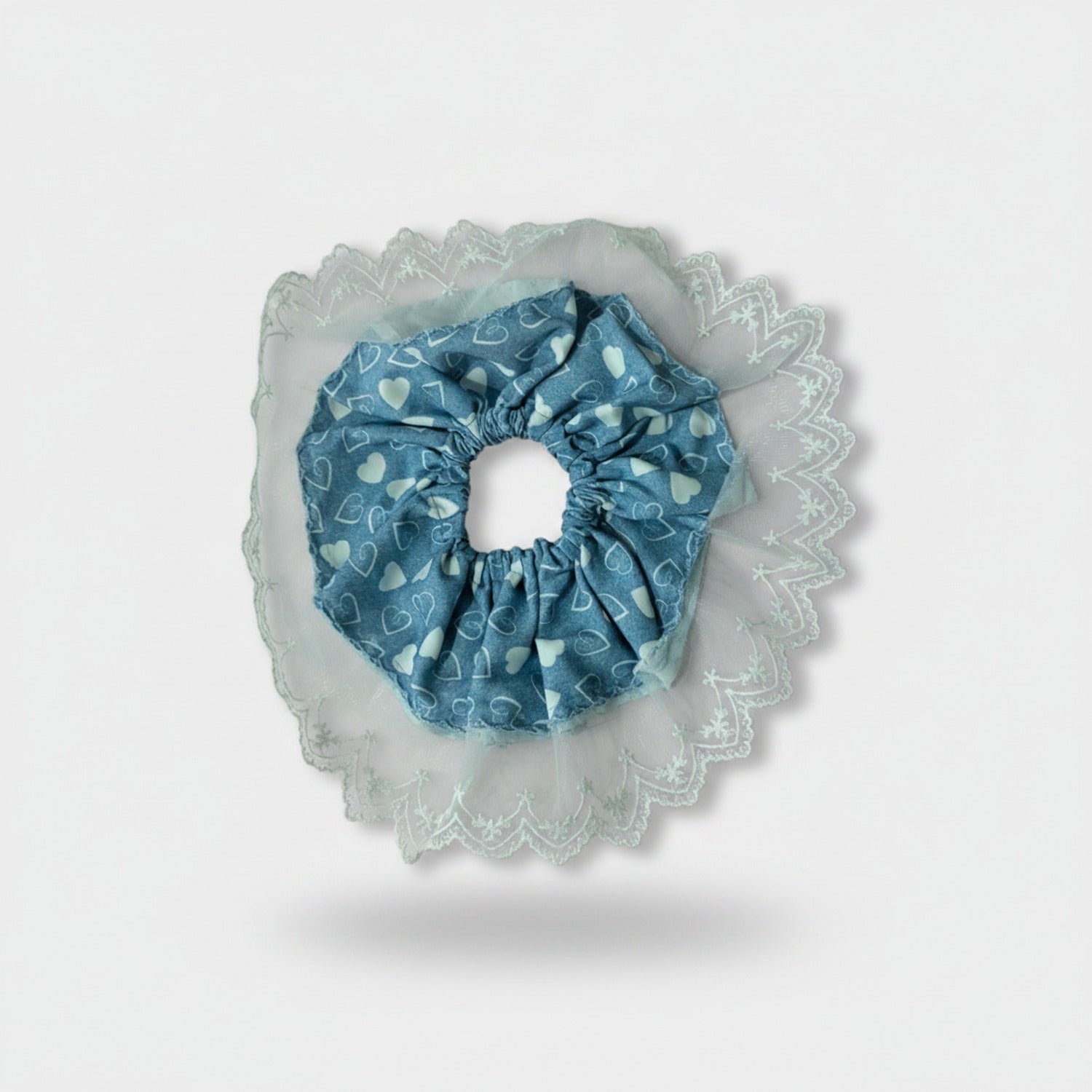 Heart Print Scrunchie With Lace Ruffle