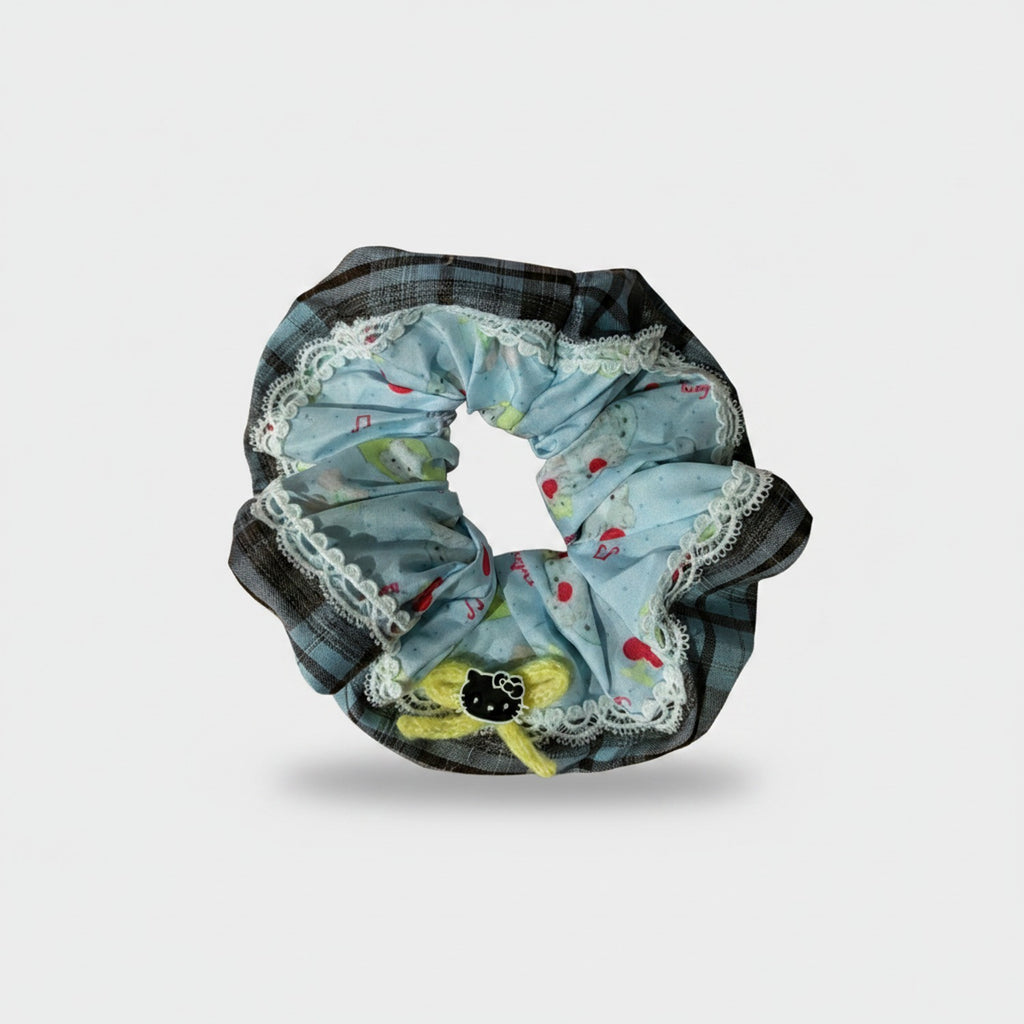 Plaid Lace-Trim Scrunchie with Hello Kitty Charm