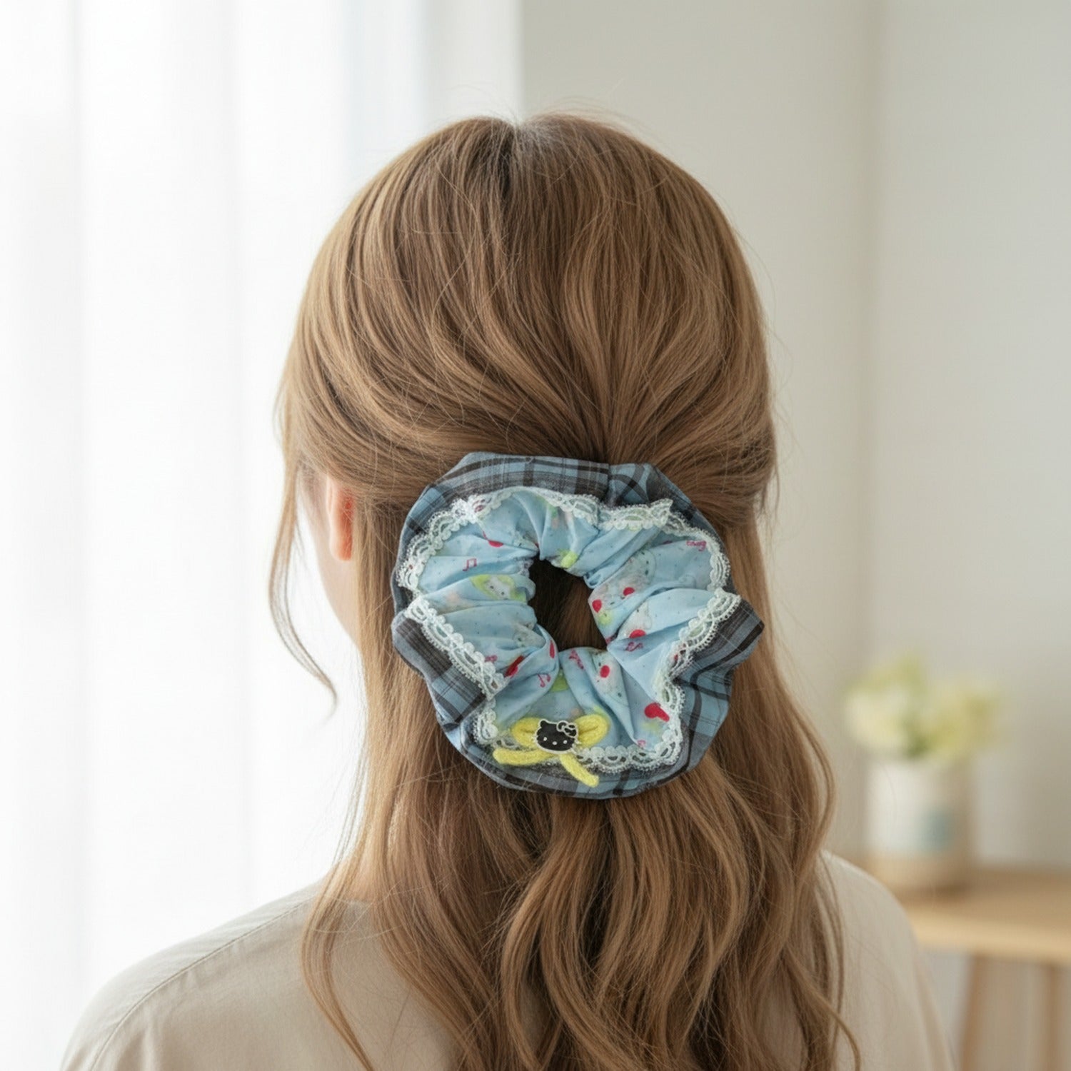 Plaid Lace-Trim Scrunchie with Hello Kitty Charm